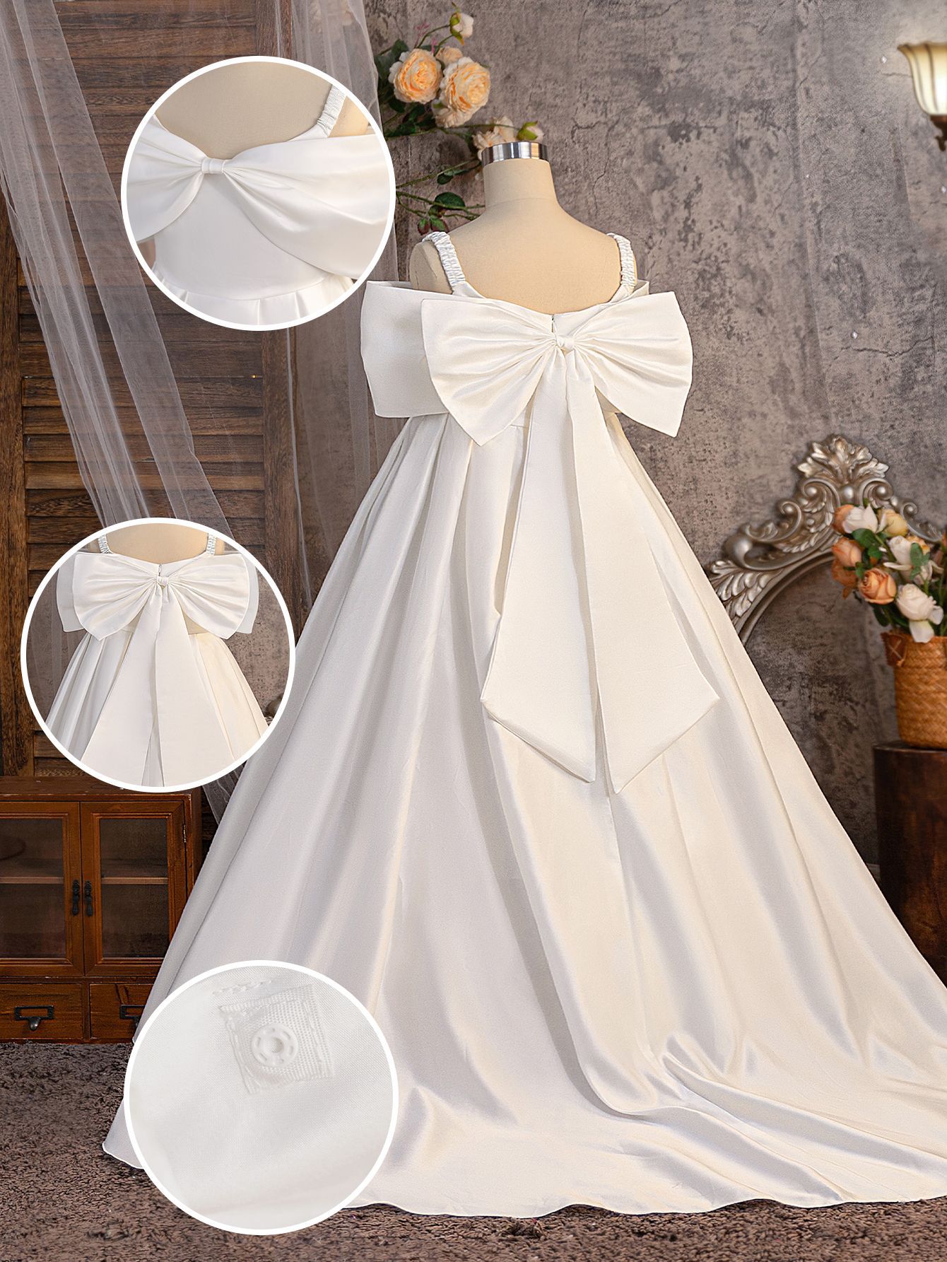 2026 nuevo vestido de satén de cinturón trailing vestido de fiesta de chicas gran arco vestido blanco