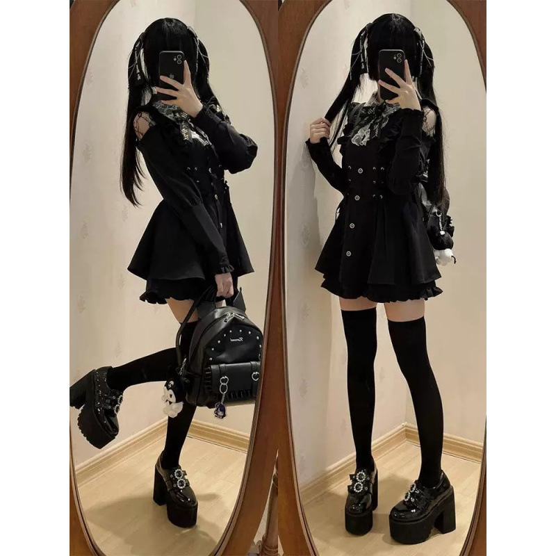 暗黑日系蕾系少女感蕾丝拼接收腰显瘦连衣裙高腰显瘦荷叶边短裙潮|undefined