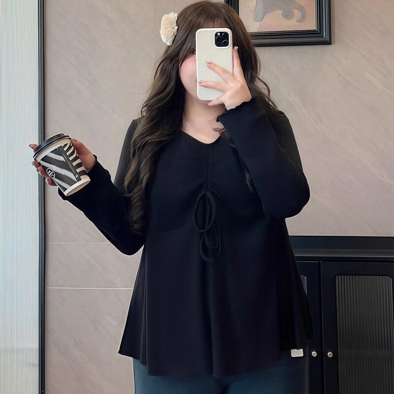 Plus Size Drawstring V Neck Long-Sleeved T-Shirt for Women Spring & Fall New Loose Slimming Look Inner Layering Shirt High-Bottom Top Plus Size Drawstring V Neck Long-Sleeved T-Shirt for Women Spring & Fall New Loose Slimming Look Inner Layering Shirt High-Bottom Top