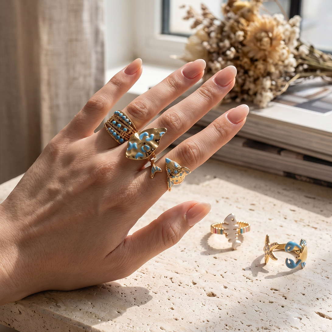 TENA Europa y América nicho de acero inoxidable transfronterizo diseño fresco azul goteo marino serie de anillo de joyería de mano de alta calidad