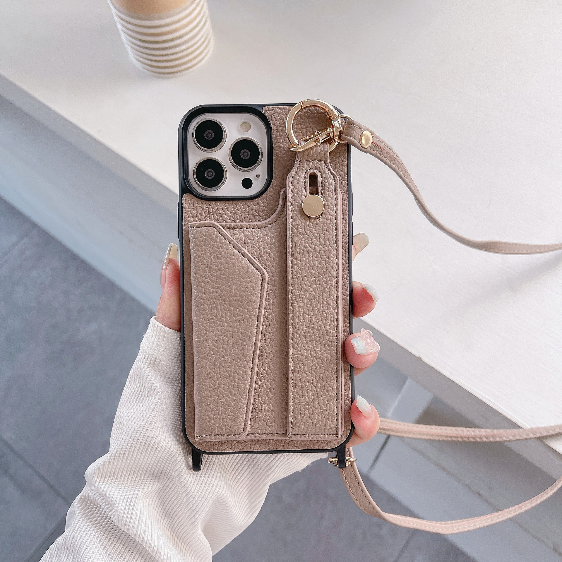 TechGlobe Suitable For IPhone 17 Pro Max Wrist Phone 12/13 Crossbody Shoulder Strap Card Slot Protective Leather Case_voghion.com