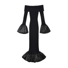 法式性感一字肩翻领拼接礼服裙连衣裙秋季收腰修身包臀辣妹中长裙