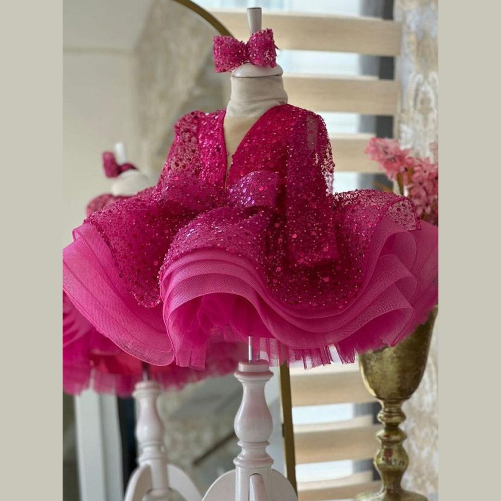 Girls' Clothing Rose Red Princess Dress For Girls Western Style Sequined Mesh Puffy Skirt Baby Flower Girl Bowknot Dress 0-3 Years Old_voghion.com