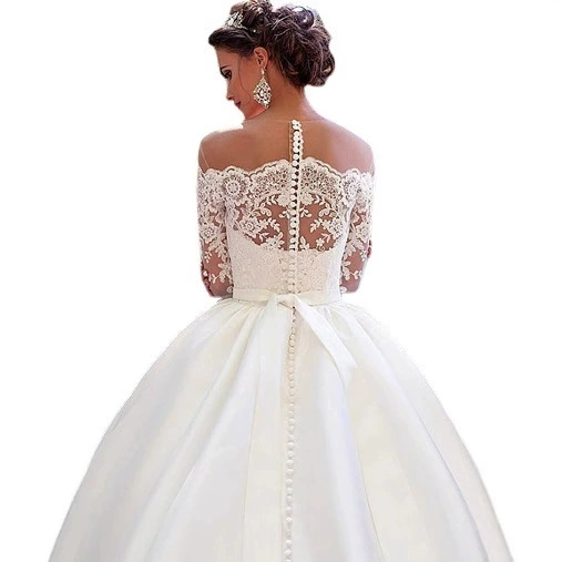 Capacious long-sleeve for bride, European style, open shoulders, fitted, plus size