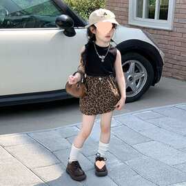 女童时髦套装2026夏季新款儿童洋气字母印花背心宝宝豹纹半身短裙