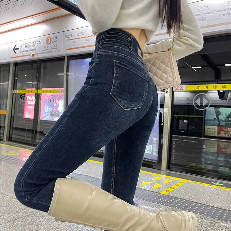 Темно-синий 2024 Ранняя осень горячая девушка ретро с высокой талией дикие брюки бога