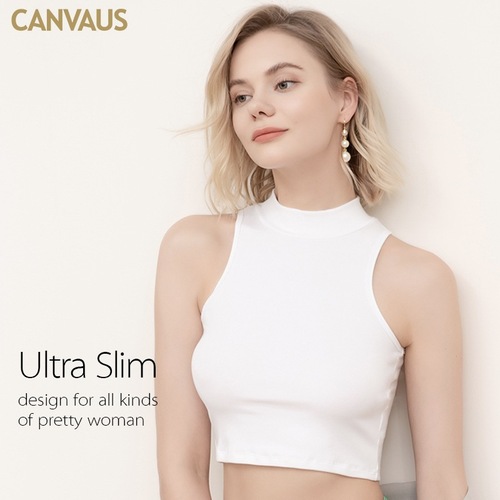 CANVAUS summer new tight sleeveless vest women's slim half turtleneck women's group style waistless short top