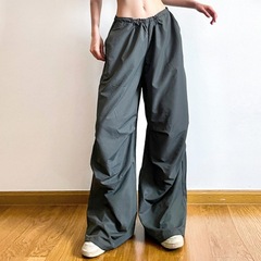 ストリートレトロヒップホップスポーツカジュアルパンツ女性の弾性ハイウエストスリムポケットスプライシングストレート織りパンツ