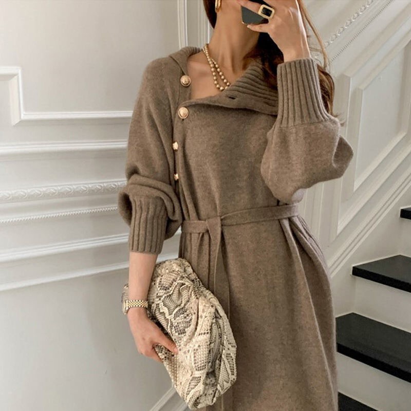 Japanese and Korean-style Lace-up Waisted Knitted dress 2025 Autumn and Winter New Loose Slimming Joker High Neck Long Sweater for Women Japanese and Korean-style Lace-up Waisted Knitted dress 2025 Autumn and Winter New Loose Slimming Joker High Neck Long Sweater for Women