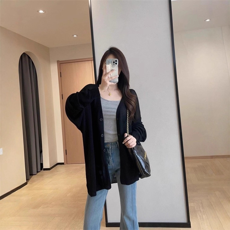 KK941慵懒气质宽松显瘦落肩V领中长款轻薄针织开衫外套女2025秋|undefined