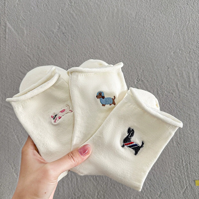 Embroidered Dachshund White Socks for Women, Curled Edge Slouch Socks, Korean Style Cartoon Puppy Mid-Calf Cotton Socks, Japanese Style Women's Socks