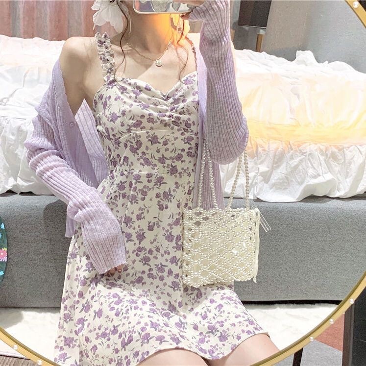 Floral Suspender Dress Suit for Women, New Summer Style, Gentle Style, Short Skirt for Small People, Sun Protection Cardigan Jacket