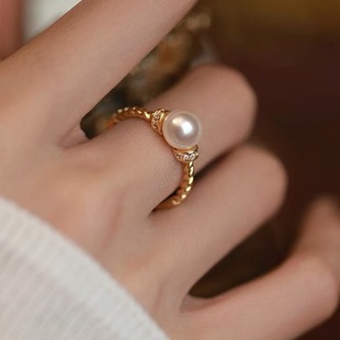 Romantic Baroque Style Light Luxury High-end Strong Light Single Natural Freshwater Pearl Ring for Women Adjustable Open Ring