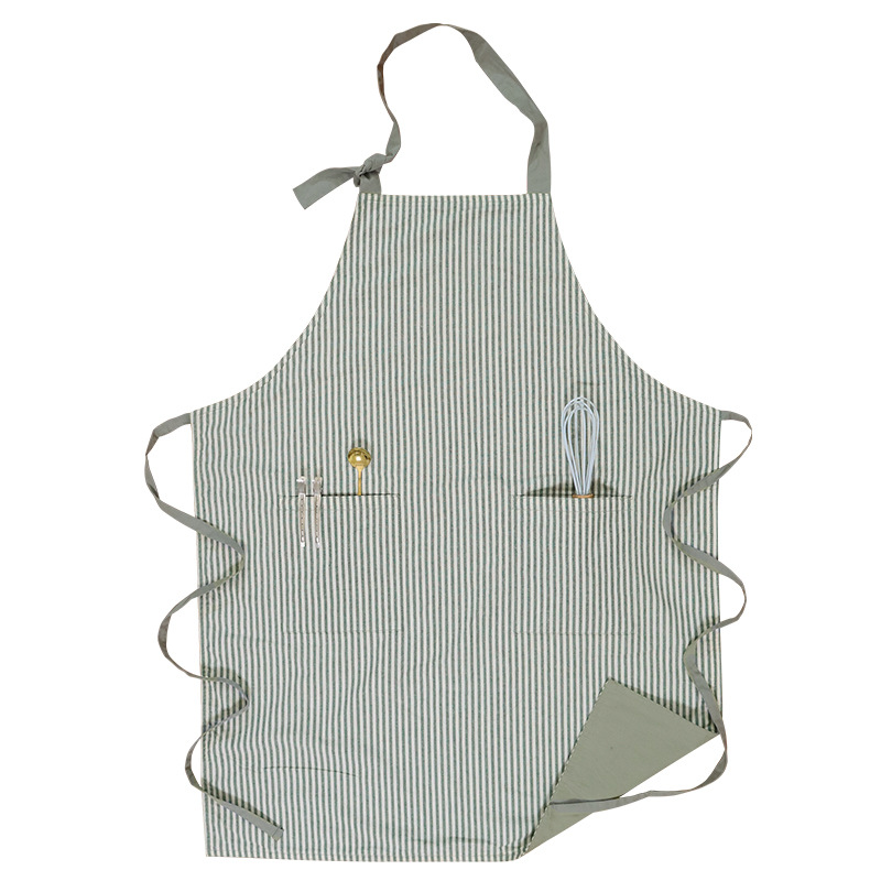 Amazon transfronterizo doble delantal de algodón estriado cuello ajustable barista ropa de trabajo delantal de cocina