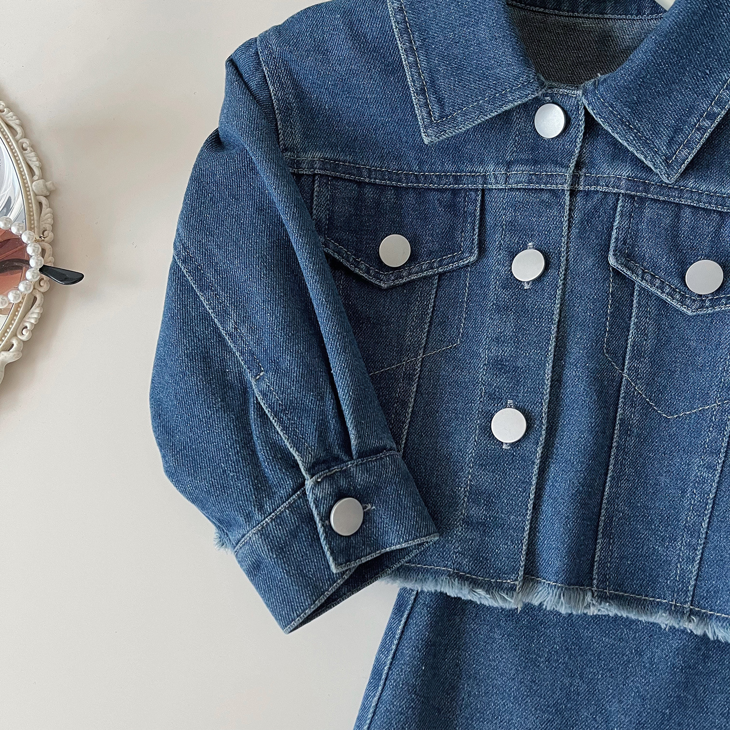 2024 Herbst neue koreanische Version Mädchen Einreiher Top langen Rock Baby Casual Denim Set 67385_voghion.com