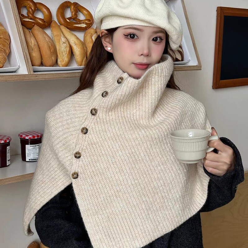 High-neck cape with slit, knitted outerwear for women, autumn and winter woolen neck warmer, versatile and warm button-up cape