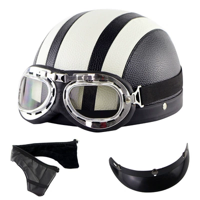 safety head protection, Motosiklet kaskı (dəbilqə) - white-leather-helmet-harley-goggles-detachable-scarf