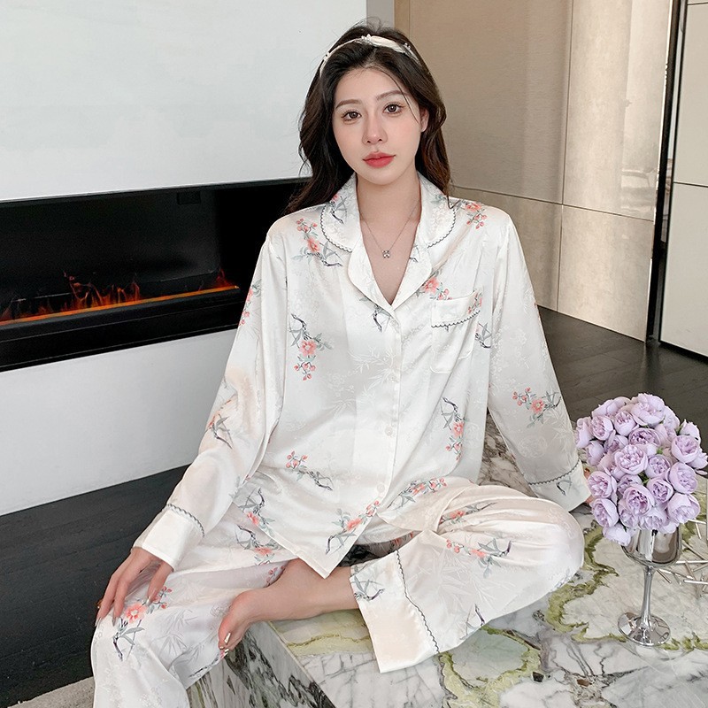 New ice silk jacquard printed fresh air pajamas women's long sleeve sweet fairy style high-grade girl's home wear spring