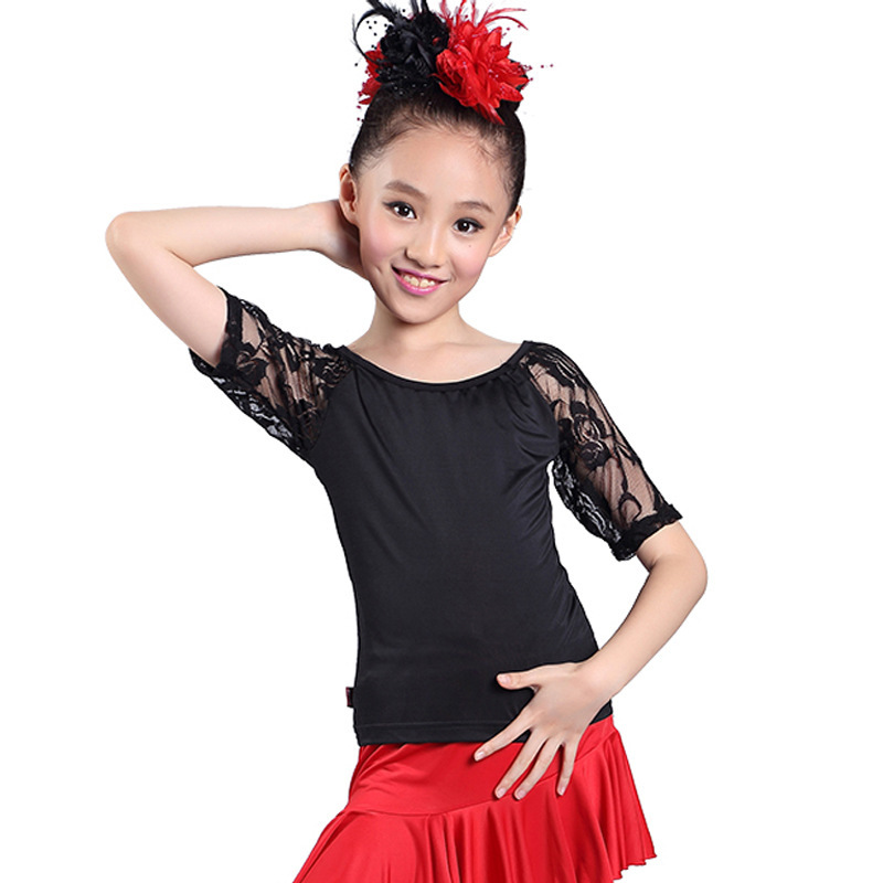 Dropshipping Kidsren's Practice Dance Clothing Tops, Latin Performance Clothing, Round Neck Lace Mid-Sleeve Dance Clothing