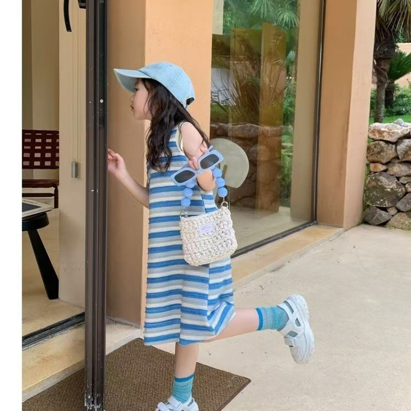 女童夏装连衣裙新款夏季洋气无袖条纹宝宝T恤儿童韩版背心裙子