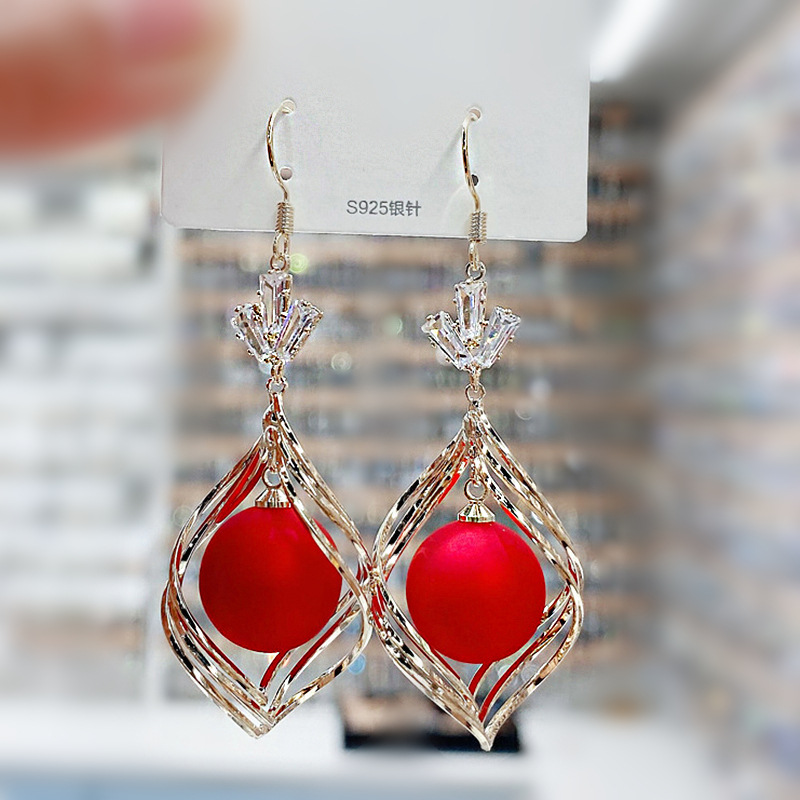 New trendy red pearl earrings female fas...