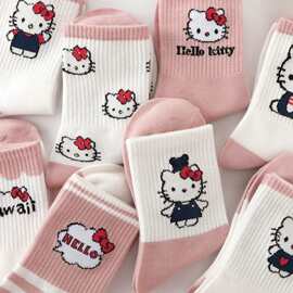 日系卡通动漫Kitty猫图案女士中筒袜 百搭可爱粉色春秋款运动袜子