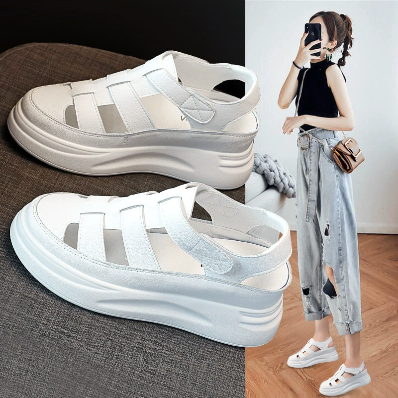 2024, летние новые полые сандалии для женщин, популярная обувь в корейском стиле из крокодиловой кожи, универсальная повседневная обувь на толстой подошве из натуральной кожи для женщин