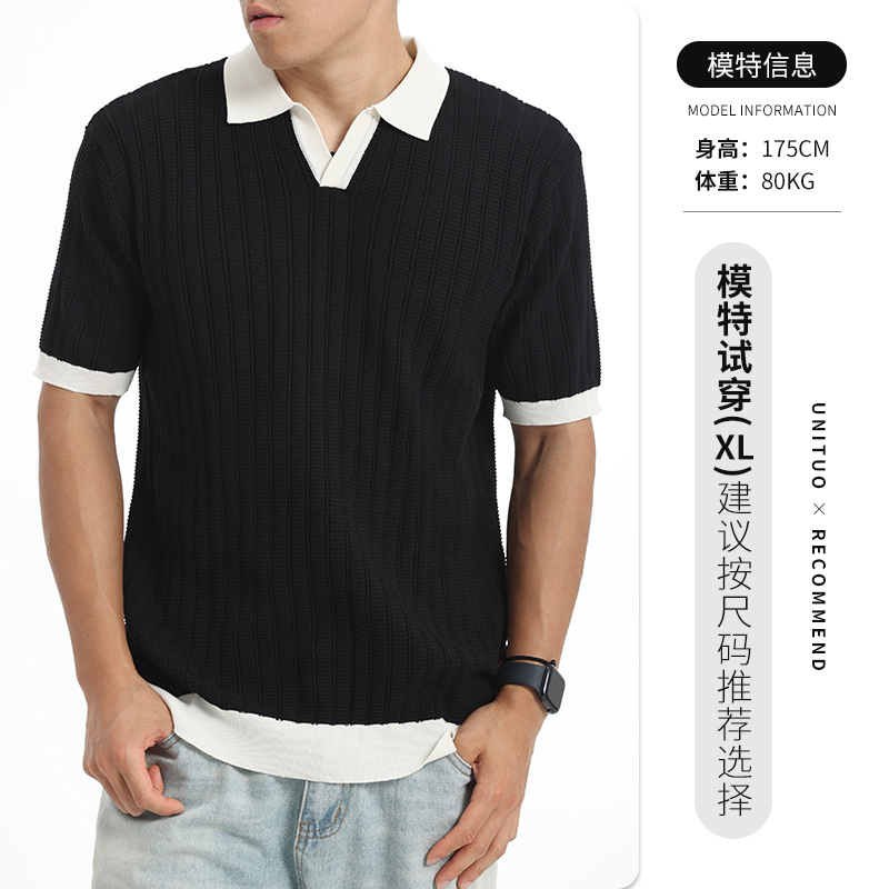 El antiguo viento de hielo de seda polo camisa de punto hombre color contrastante V-collar de negocios de verano casual camiseta de manga corta camiseta superior
