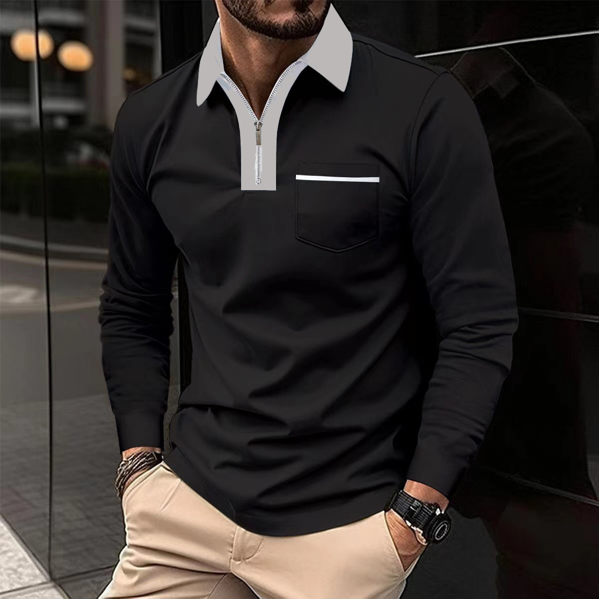 Men's Casual Solid New Long Sleeved Polo Shirt Autumn And Winter Lapel Zippered T-Shirt Top Golf Men's High-Quality Street Wear_voghion.com