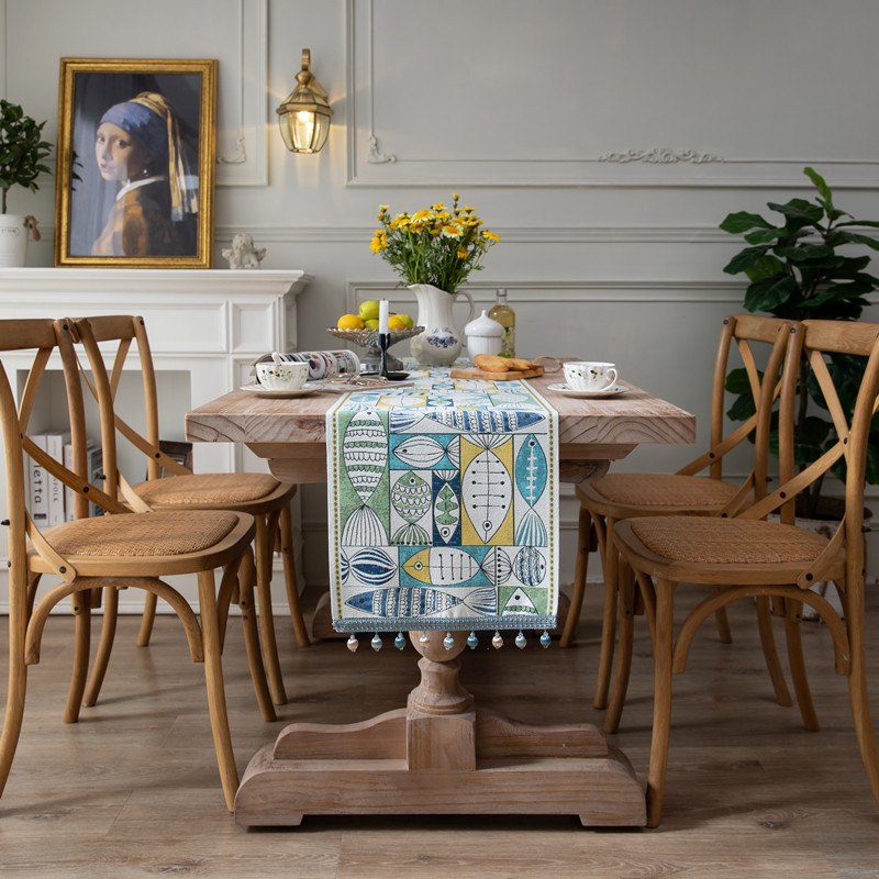 Tovaglia in poliestere con nappe in ciniglia a piccoli pesci verdi annuali, runner da tavola fresco_voghion.com