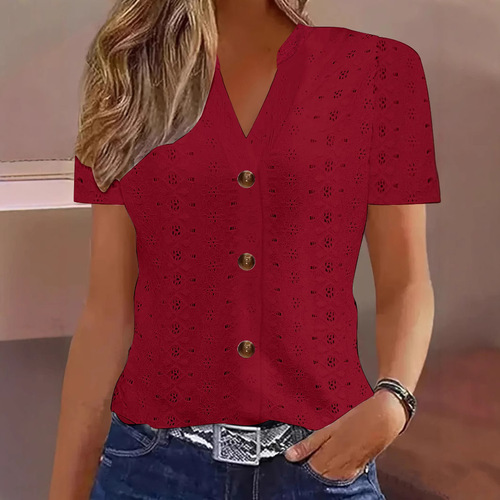 2025 Spring European and American Cross-border Amazon Independent Store New Women's Fashion Casual Solid Button V-neck Short-sleeve T-shirt