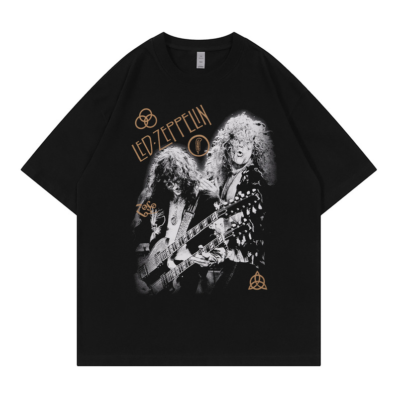 Led Zeppelin Band Retro American Street Style Vtg Drop-Shoulder Loose Round-Neck Rock Short-Sleeved T-Shirt Led Zeppelin Band Retro American Street Style Vtg Drop-Shoulder Loose Round-Neck Rock Short-Sleeved T-Shirt