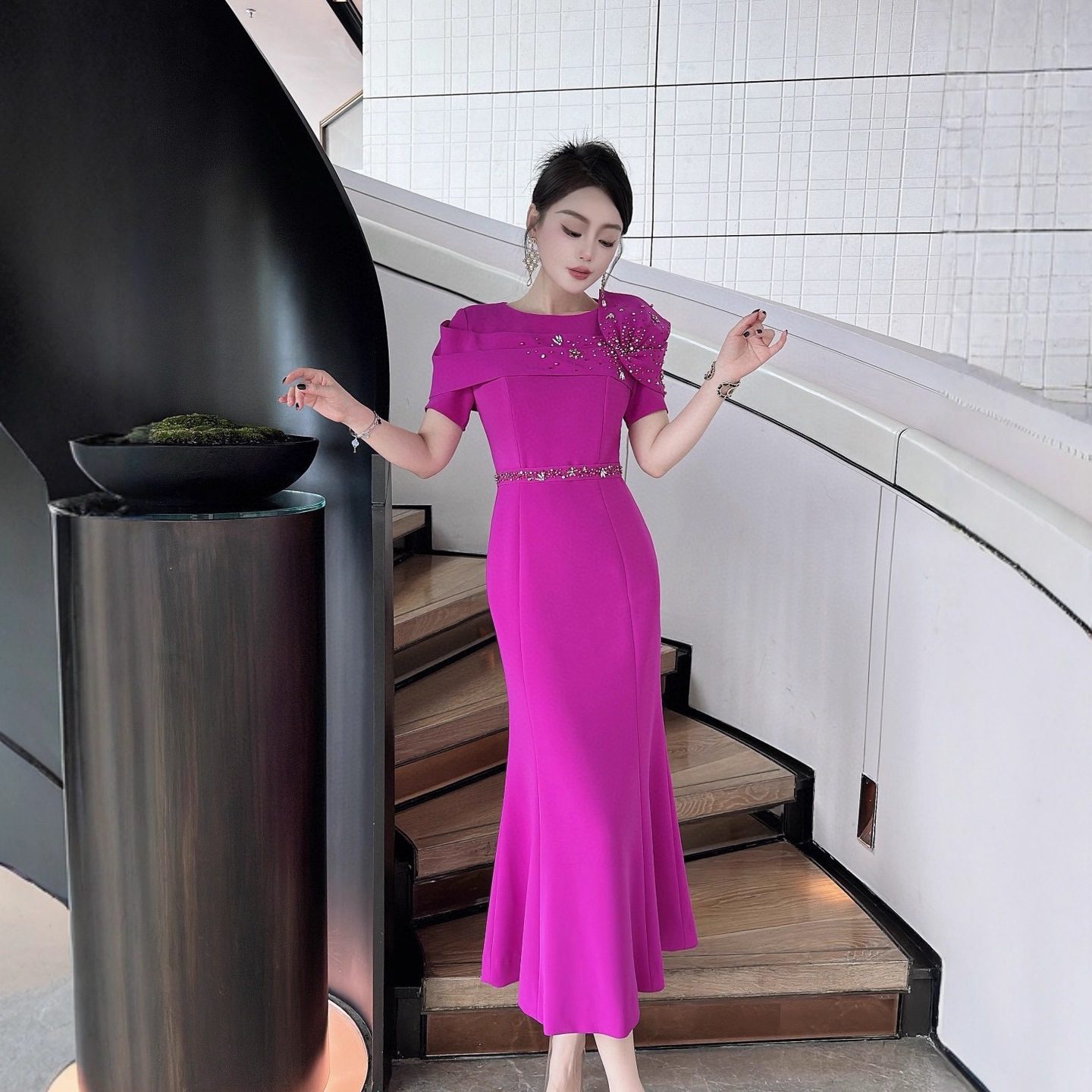 Celebrity Style Rose Pink Beaded Fishtail Dress Short-Sleeved Shawl Design Banquet Host Slim Dress