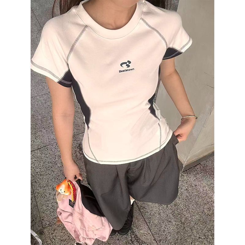 American-Style Sports-Inspired Hasselblad Line Patchwork Short-Sleeve T-Shirt for Women, Summer Short Slim-Fit High-End Feel Regular Shoulder Top American-Style Sports-Inspired Hasselblad Line Patchwork Short-Sleeve T-Shirt for Women, Summer Short Slim-Fit High-End Feel Regular Shoulder Top
