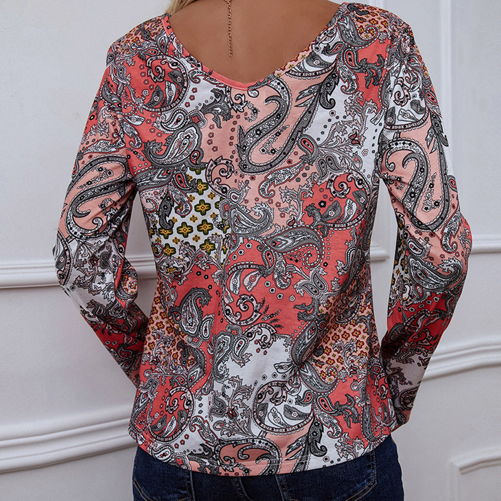 Flower Print V Neck Blouse For Women