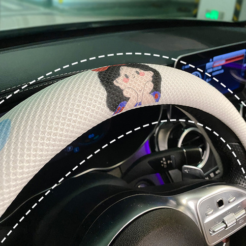 Car cartoon princess steering wheel cover embroidered cotton and linen breathable car non-slip hand summer car interior supplies for women