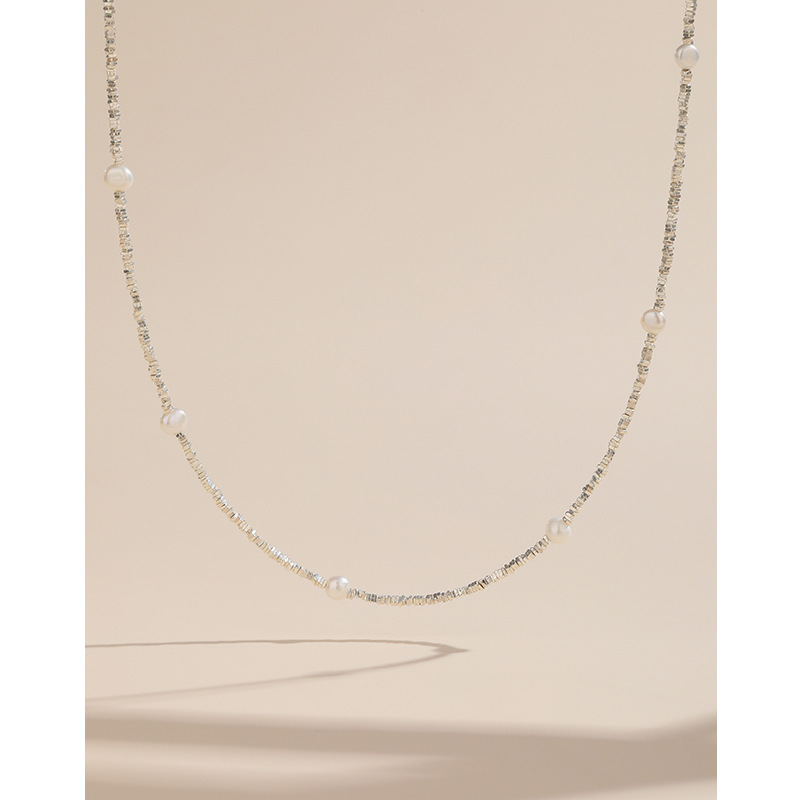 S925 plata esterlina perla de agua dulce roto Collar de plata para las mujeres Luz de lujo nicho diseño de alto grado roto pareja de plata clavícula cadena