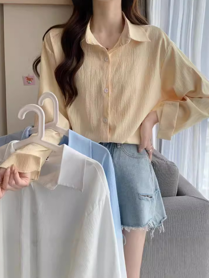 폴로 칼라 긴 소매 셔츠 여성의 2024 년 봄과 가을 새로운 디자인 감각 틈새 단색 긴 느슨한 탑 여성