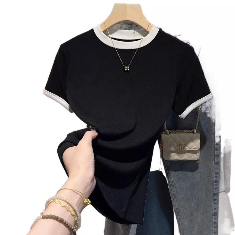 Дизайнерская женская футболка с короткими рукавами контрастного цвета, новый стиль 2025 года, универсальный нишевый модный топ для похудения, черный