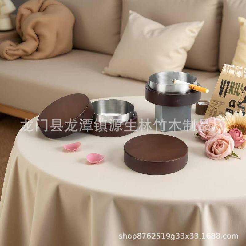 实木创意个性潮流轻奢有盖防灰不锈钢烟灰缸家用办公室实木烟灰缸|undefined