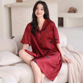 【带胸垫】夏季新款冰雪丝女短袖开衫翻领睡衣时尚休闲女家居服