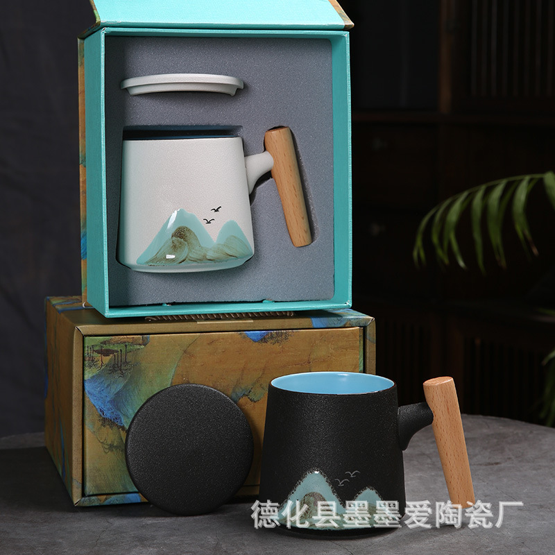 商务礼品办公杯手绘办公杯木柄陶瓷杯粗陶马克杯带盖大容量马克杯
