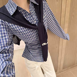 高品质mu家翻领长袖收腰格子衬衫+针织披肩两件套松弛感通勤女装