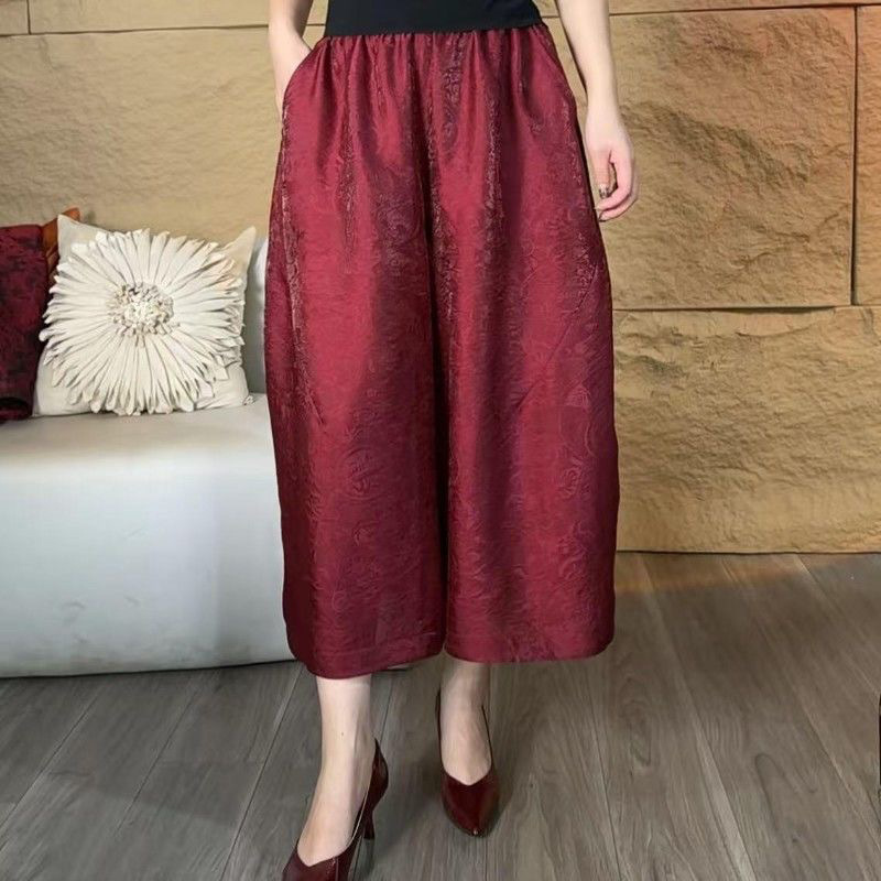 New Chinese-Style National Style Elastic Waist Loose Jacquard Wide-Leg Cropped Pants Spring and Summer New Retro Casual Pants Flower Bud Pants