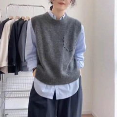 灰色叠穿100羊毛针织马甲背心女2025新款秋圆领宽松坎肩外搭毛衣