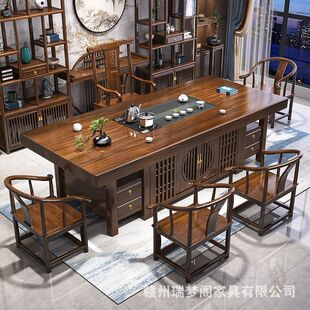 New Chinese style solid wood large board tea table and chair combination office log tea table tea table kung fu tea table set all in one