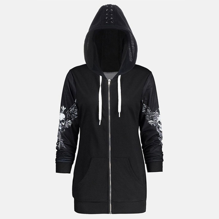 Cross-border European and American plus size sweater foreign trade fashion hooded long sleeve zipper skull cardigan coat top women's clothing