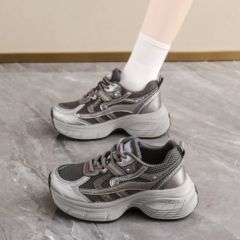 Women's 2025 New Autumn Rhinestone Mesh Lightweight Casual Sports Shoes Thick-Soled Running Shoes