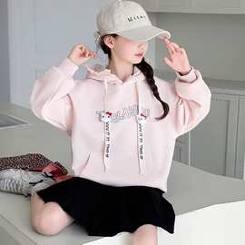 初中学生卫衣女大童春秋韩版花边连帽上衣儿童女孩休闲百搭打底衫