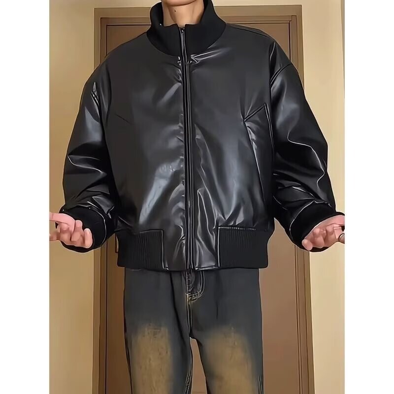 Pu Leather Pilot Jacket Cotton-Padded Men's Winter Thickened Short Leather Jacket with Stand Collar American-Style Baseball Jacket